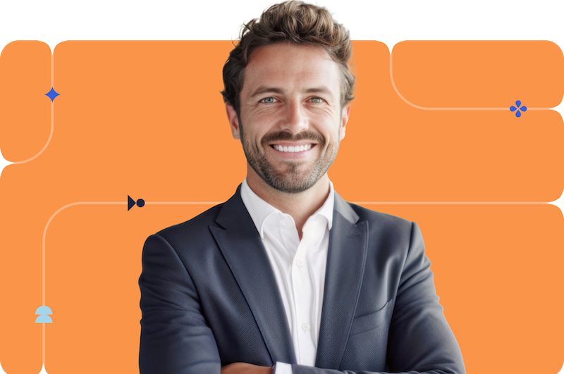 A professional man in a business blazer smiles against an orange branded background