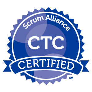 A blue Scrum Alliance Certified Team Coach badge featuring the letters "CTC" centered, with the word "Certified" positioned beneath them.