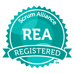 A teal Scrum Alliance Registered Education Ally badge featuring the letters "REA" centered, with the word "Registered" positioned beneath them.