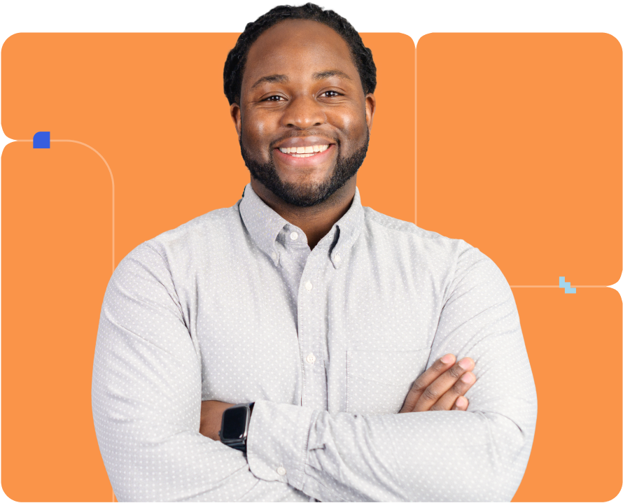 Person smiling with arms crossed in front of an orange Scrum Alliance background