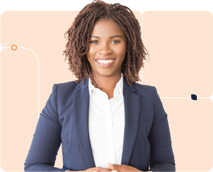 A businessperson in front of a peach background