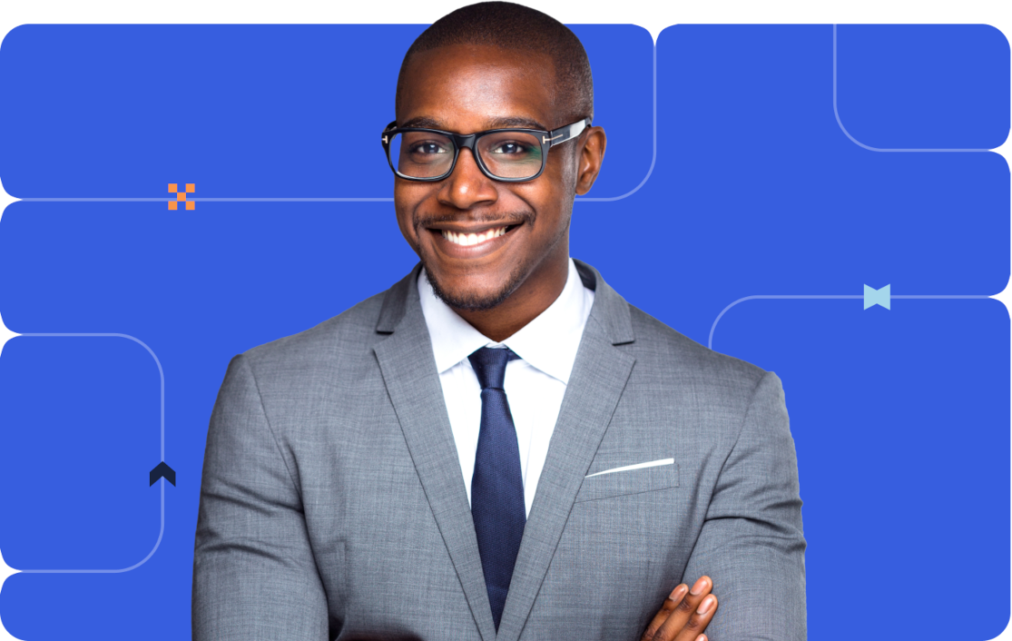 Smiling business man on blue background