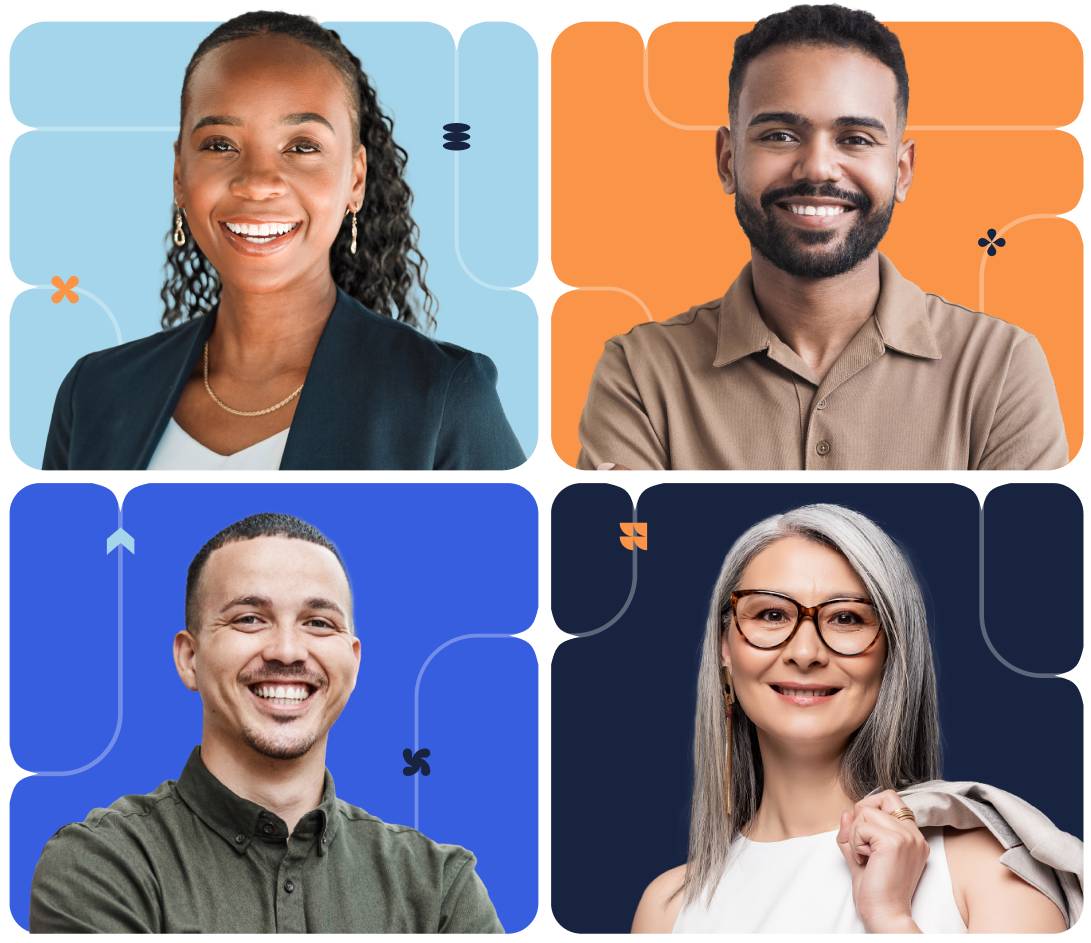 A collage of four professional people smiling in front of branded colorful Scrum Alliance backgrounds