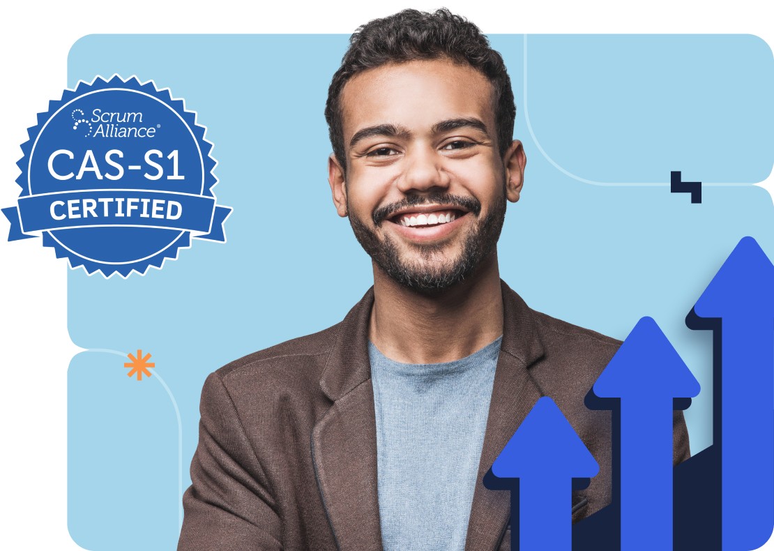 Image of a smiling man with a ccaling certification CAS-S1 badge next to him and arrows pointing up