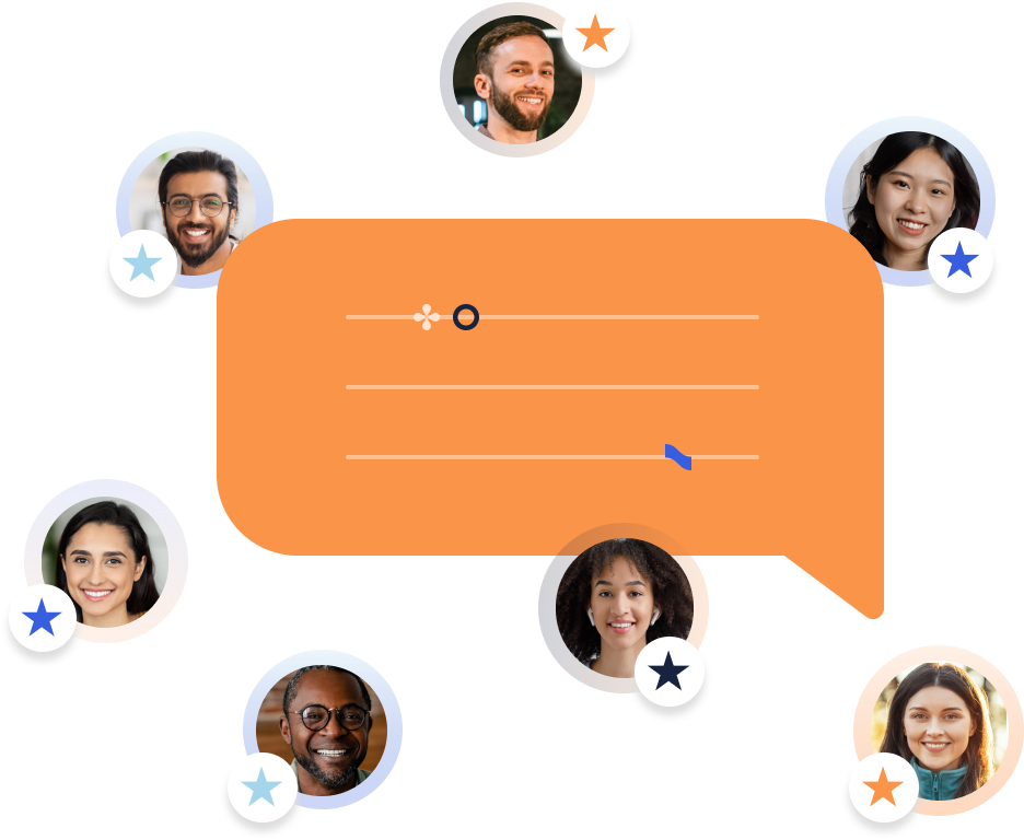 Small circular pictures of people with stars denoting testimonials or reviews, set against a backdrop of a chat bubble.