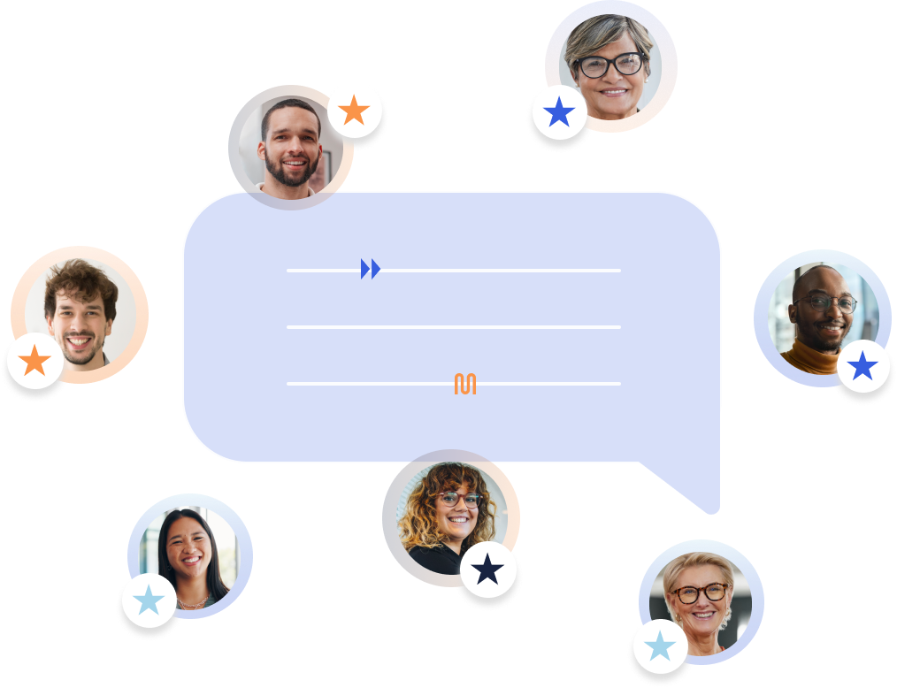 Small circular pictures of people with stars denoting testimonials or reviews, set against a backdrop of a chat bubble.