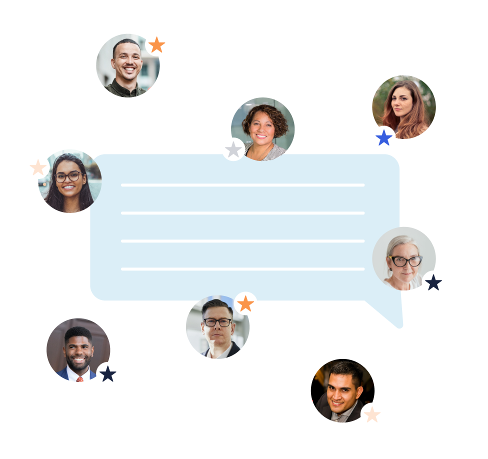 Small circular pictures of people with stars denoting testimonials or reviews, set against a backdrop of a chat bubble.
