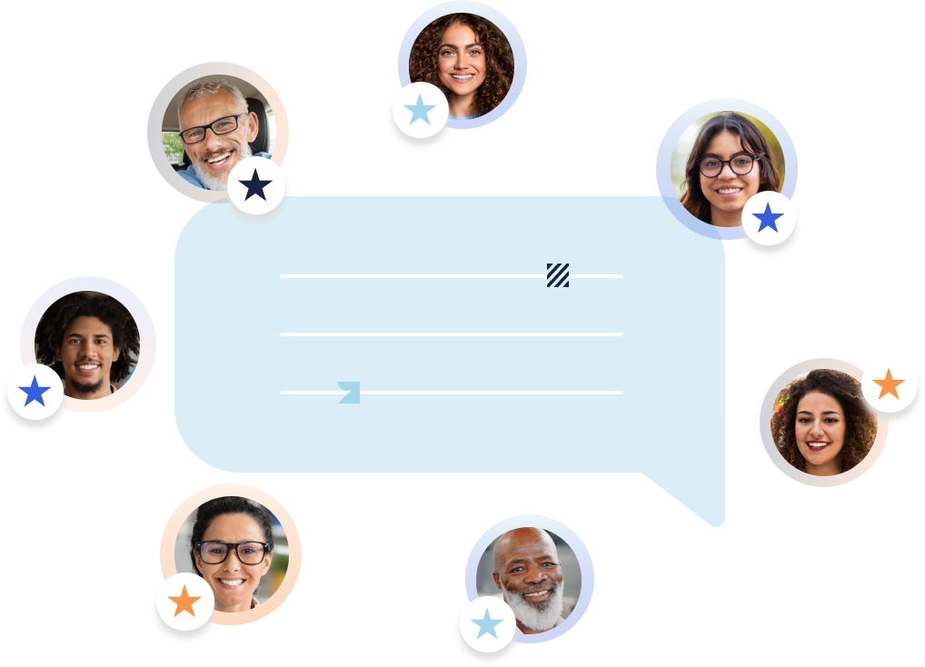 Small circular pictures of people with stars denoting testimonials or reviews, set against a backdrop of a chat bubble.