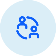 Leadership - Coaches and Consultants A blue icon showing two people connected by a cycle loop