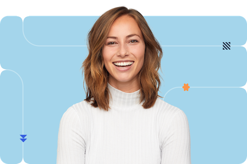 A picture of a woman smiling in a professional turtleneck against a blue branded background