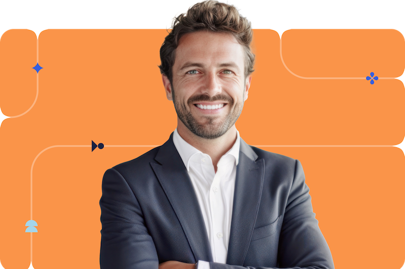 A professional man in a business blazer smiles against an orange branded background