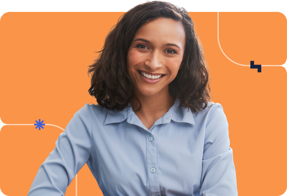 A young professional in a blue blouse against an orange background
