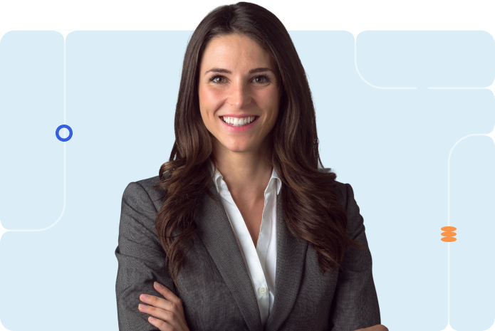 A smiling woman in a professional blazer top in a light purple background, with a collage group of other professionals in a center bubble