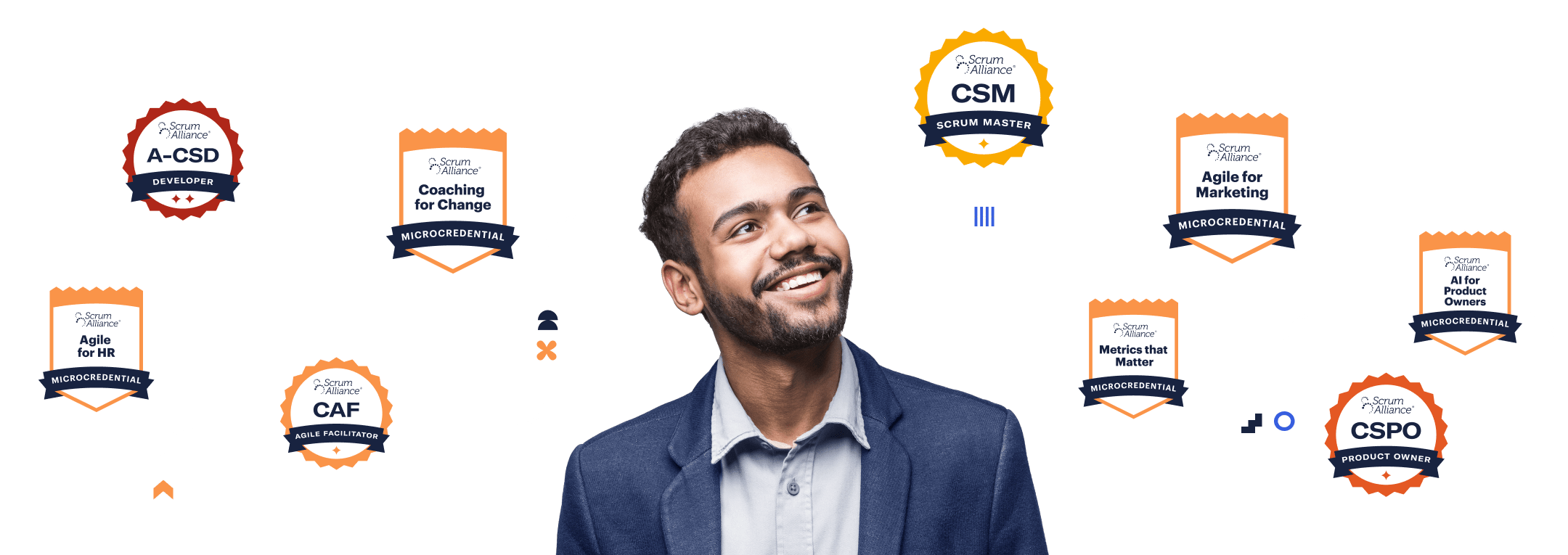 Banner with various Scrum Alliance badges and microcredentials