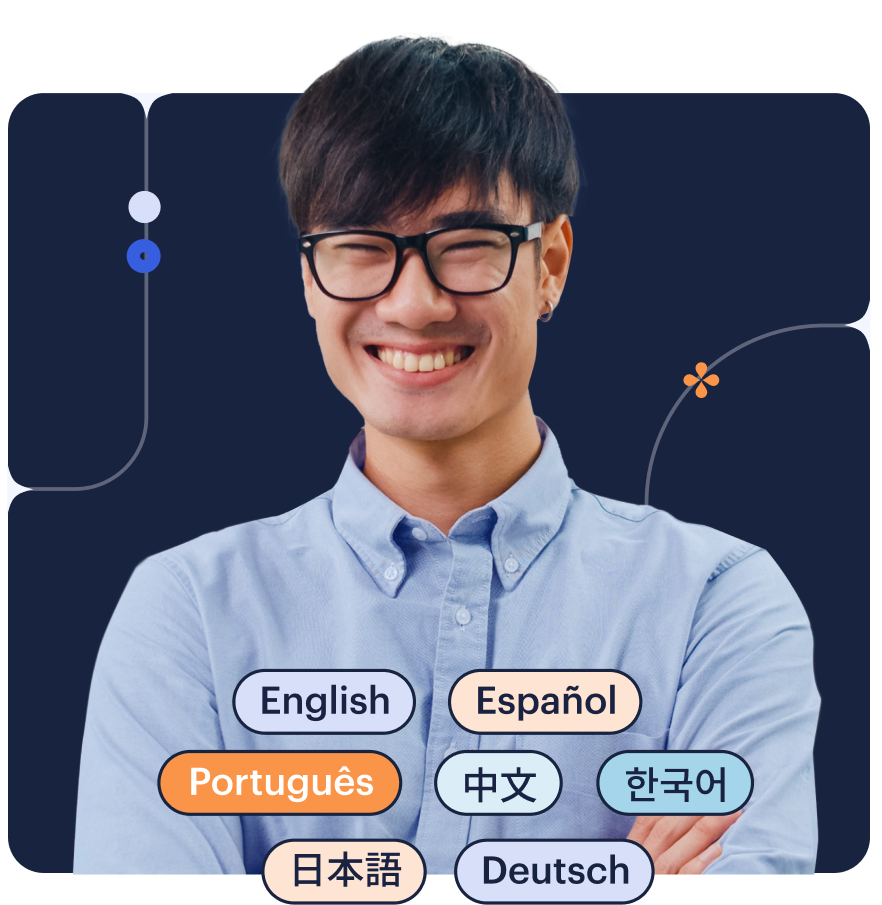 Smiling professional with different languages offerings of Scrum Alliance courses