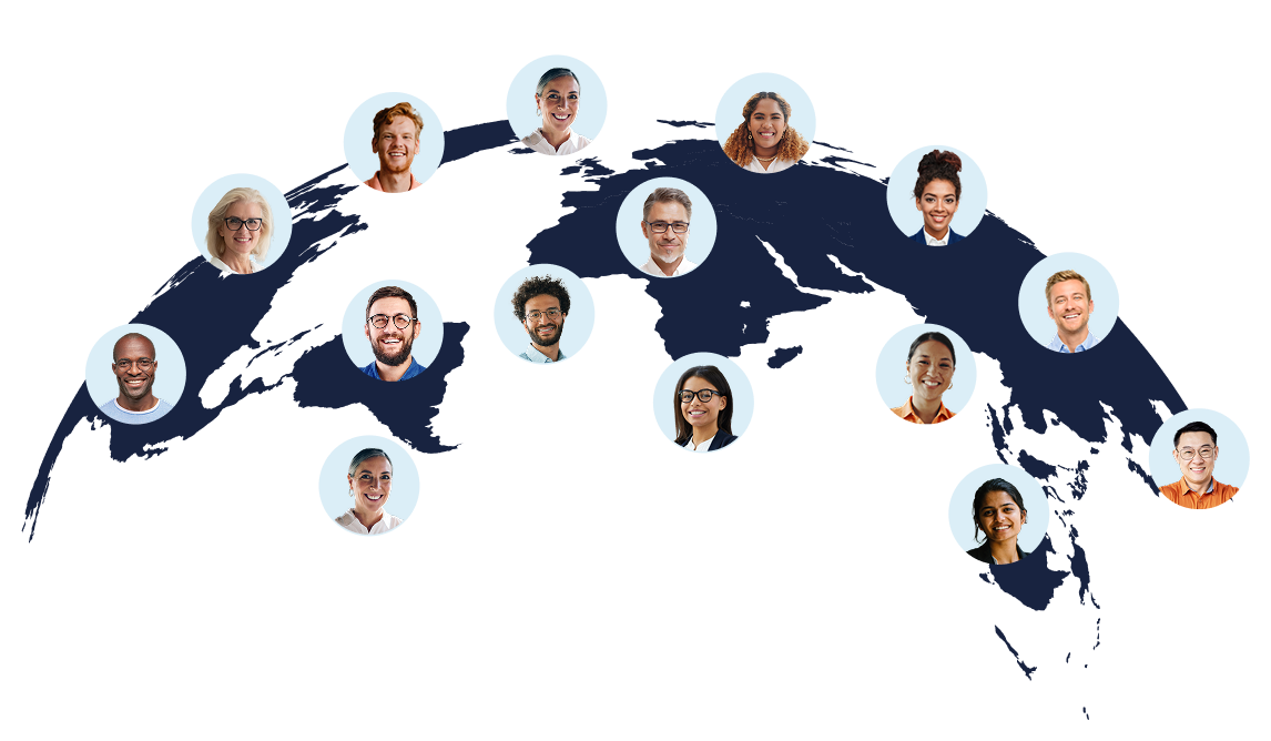 Collage of headshots with a background earth globe