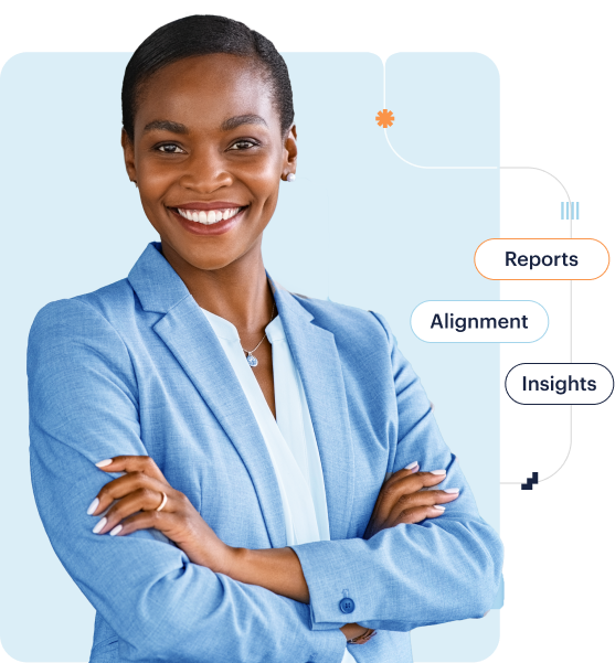 Smiling professional with the words Reports, Alignment, Insights