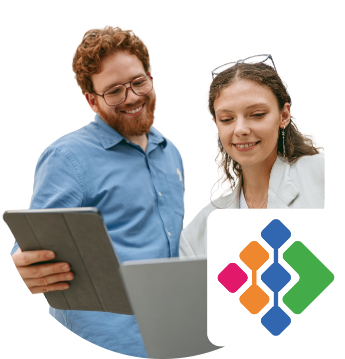 Professionals at a laptop looking at benefits