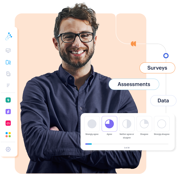 Smiling professional with surveys and data icons