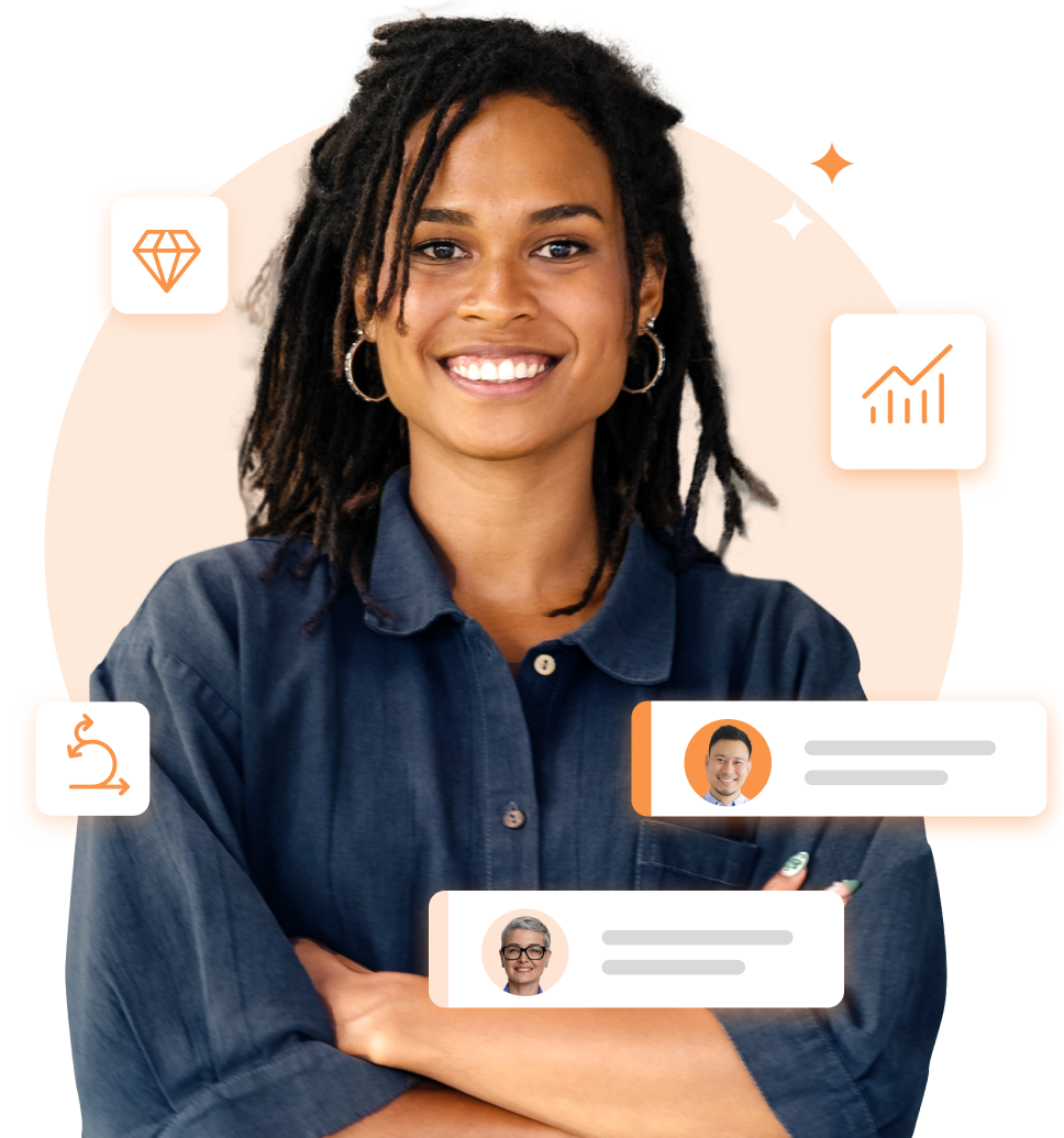 Smiling woman professional with icons in the background