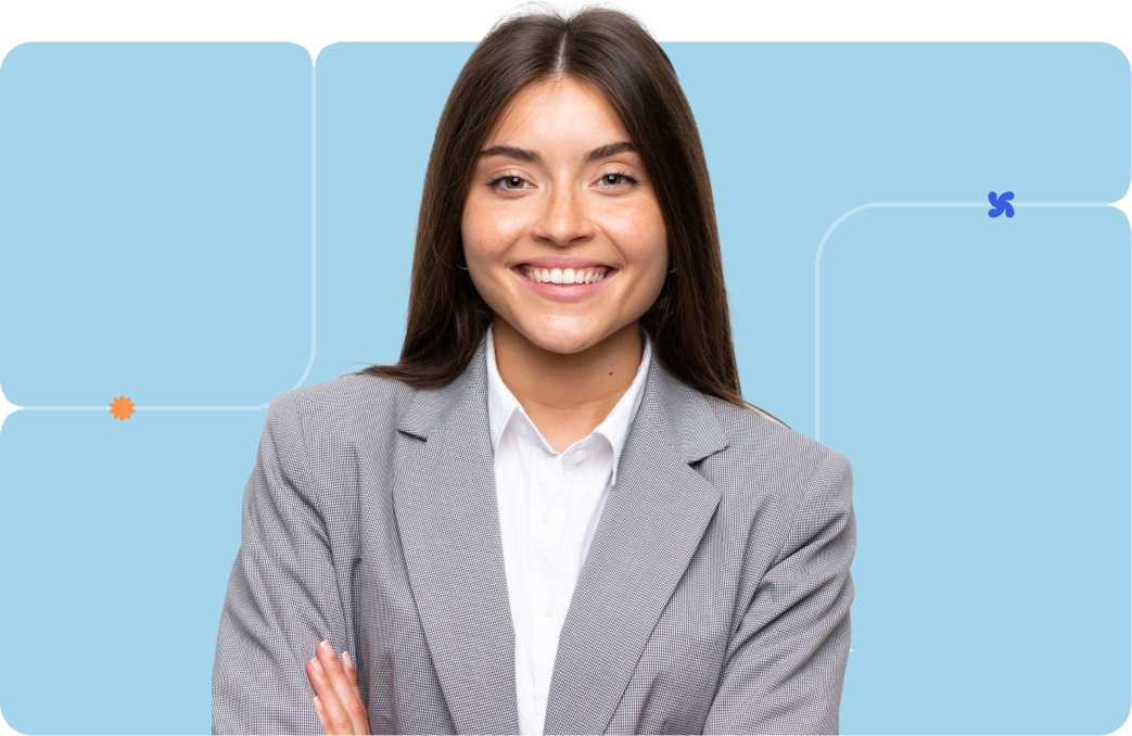 A person in a professional blazer in front of a blue background