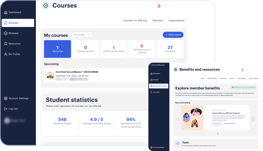 Screenshot of Scrum Alliance Dashboard