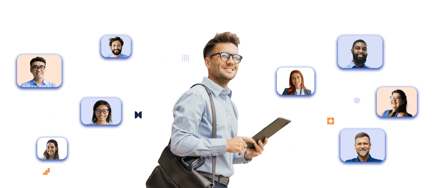 Collage of headshots surrounding a person