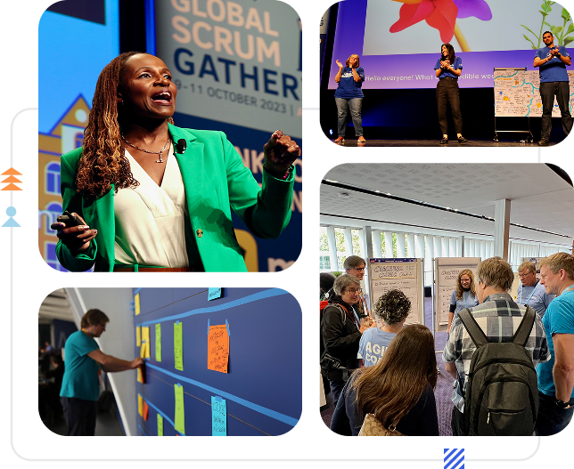 A collage of photos from different Scrum Alliance events