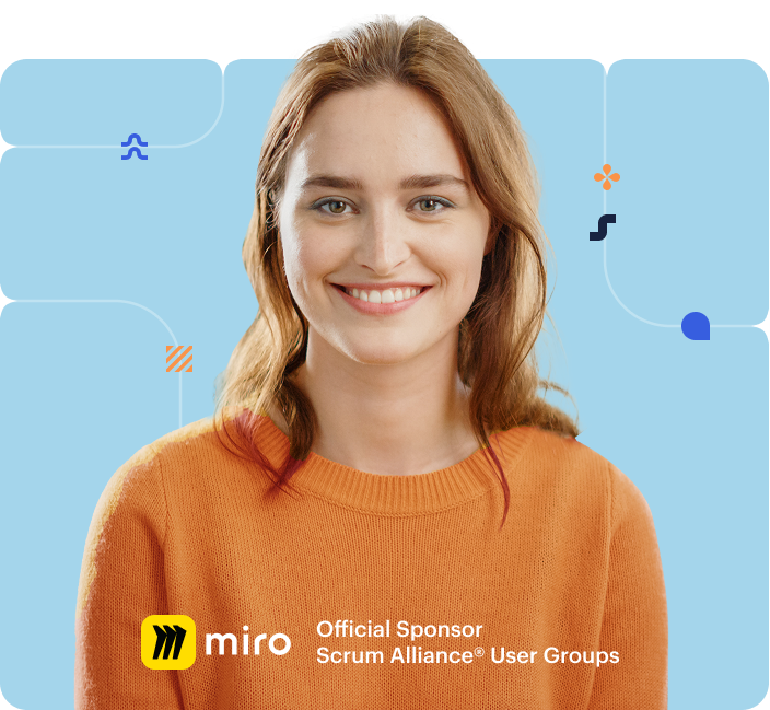Smiling female with a blue background with text - Miro Official Sponsor Scrum Alliance User Groups