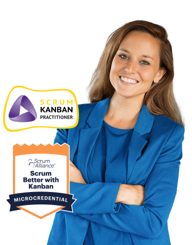 A smiling woman with a blue suit crossing her arms with the Scrum Kanban practicioner badge and the Scrum Better with Kanban microcredential badge