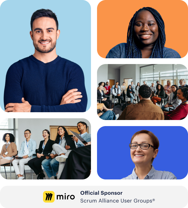 Smiling female with a blue background with text - Miro Official Sponsor Scrum Alliance User Groups
