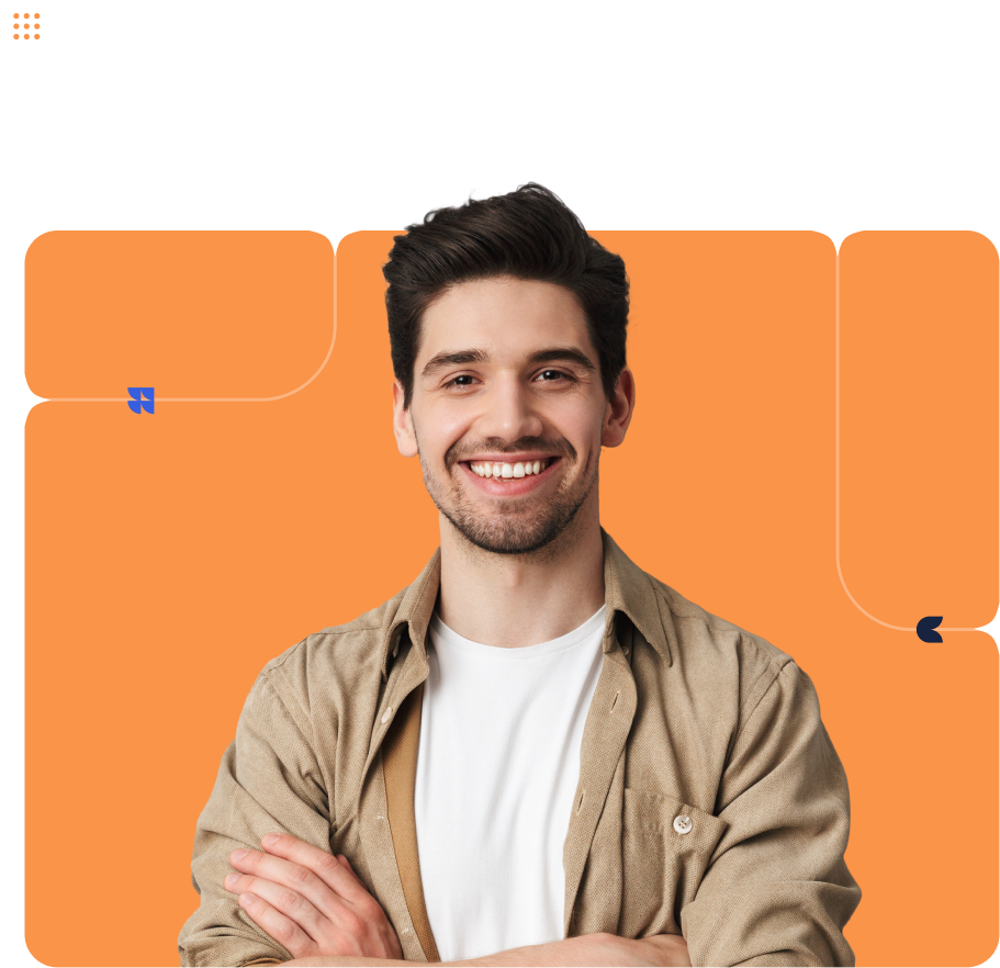 Person smiling in front of an orange Scrum Alliance background