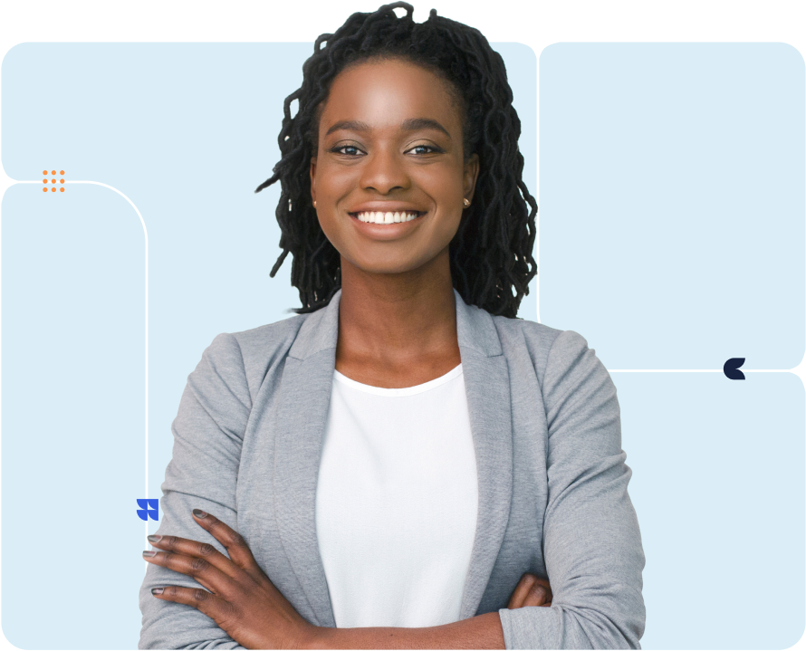 A professional person in front of a blue background