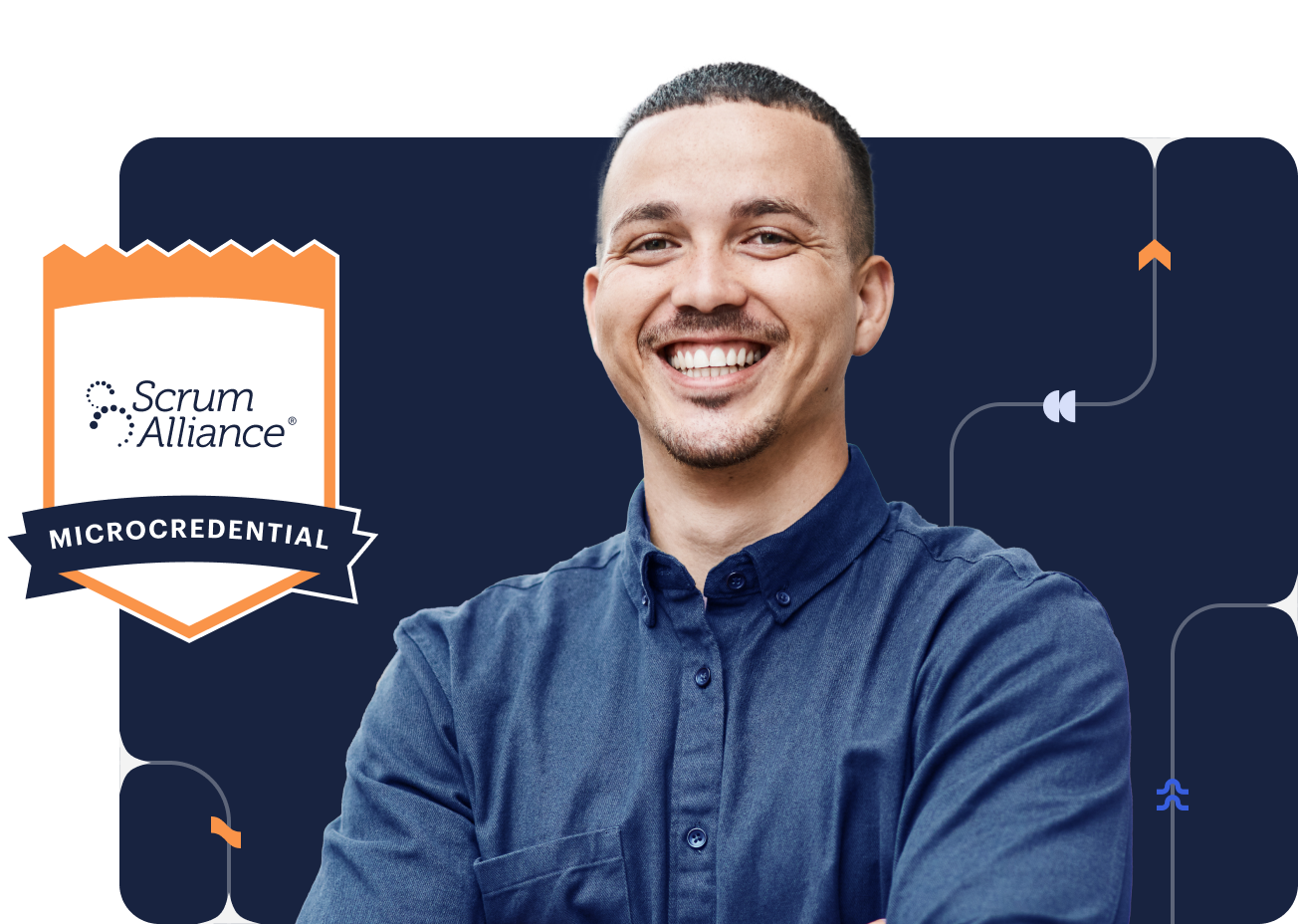 Smiling professional with a Scrum Alliance microcredential badge