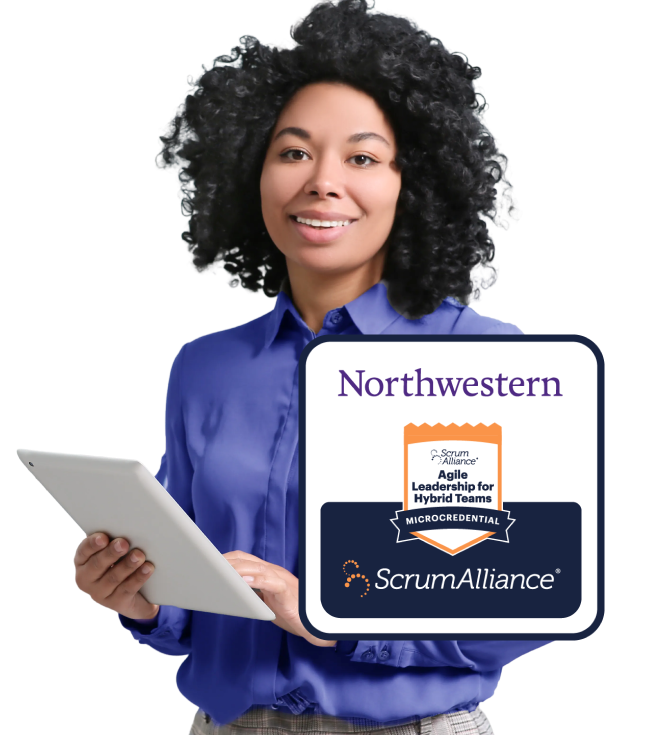 Smiling professional with Northwestern and Scrum Alliance badge