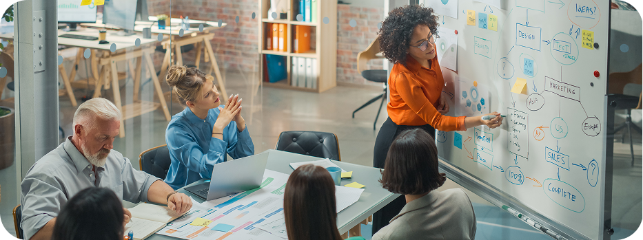 Group of professionals with a team lead writing on a whiteboard