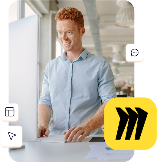 A man at a keyboard Miro logo