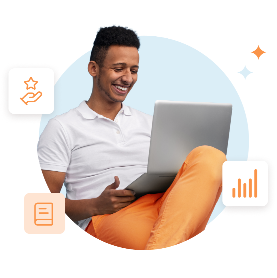 Smiling male professional on a laptop with icons in the background