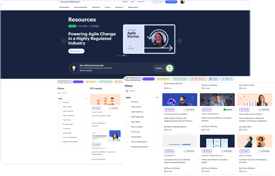 Screenshot of Scrum Alliance Resource Library new design