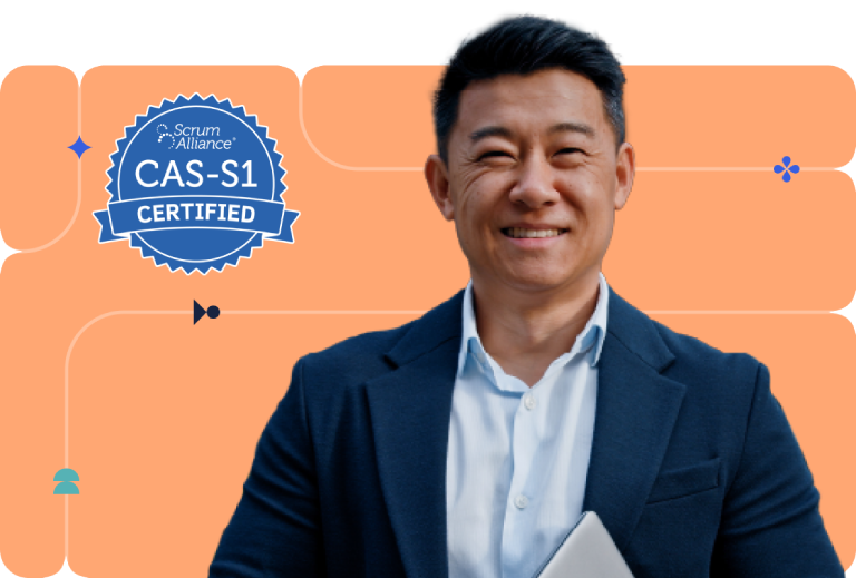 Scrum Alliance Certified CAS-S1 Scaling Badge in upper left and smiling man holding a laptop on the right.