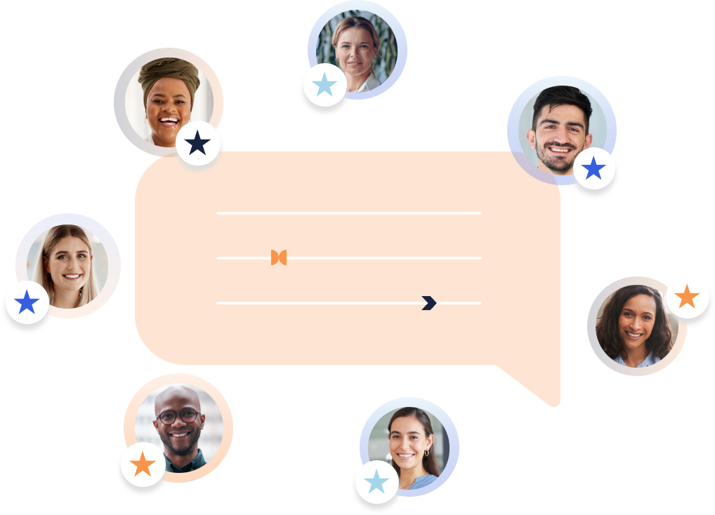 Small circular pictures of people with stars denoting testimonials or reviews, set against a backdrop of a chat bubble.