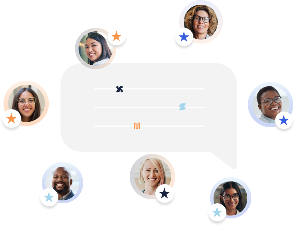 Small circular pictures of people with stars denoting testimonials or reviews, set against a backdrop of a chat bubble.