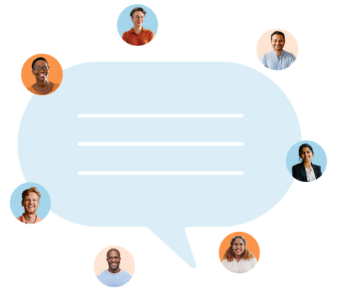 Group of circular headshot photos that surround a large quote icon