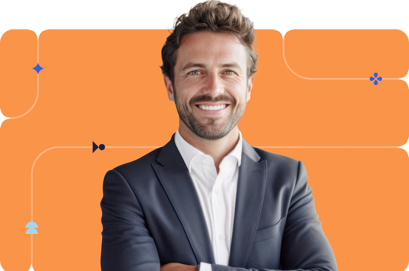 A professional man smiles in front of an orange branded background